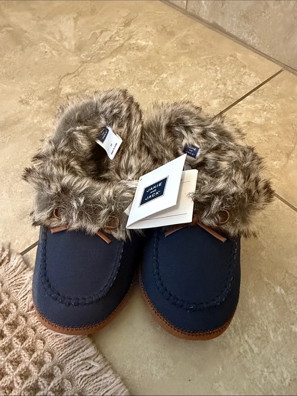 Janie and Jack: Navy Faux-Fur Moccasin Slippers size 11